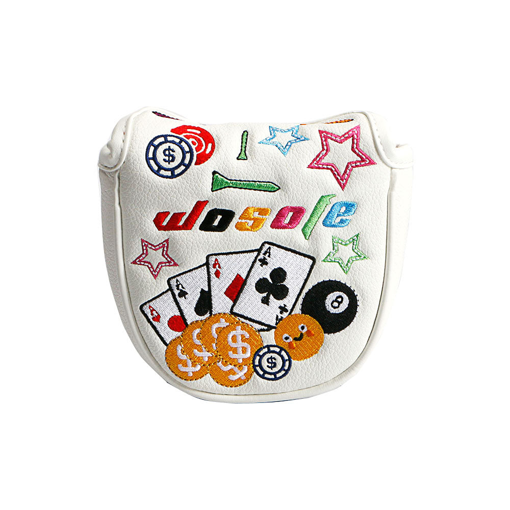 Golf Putter Head Cover White Beautifully Embroidered Playing Card Pattern