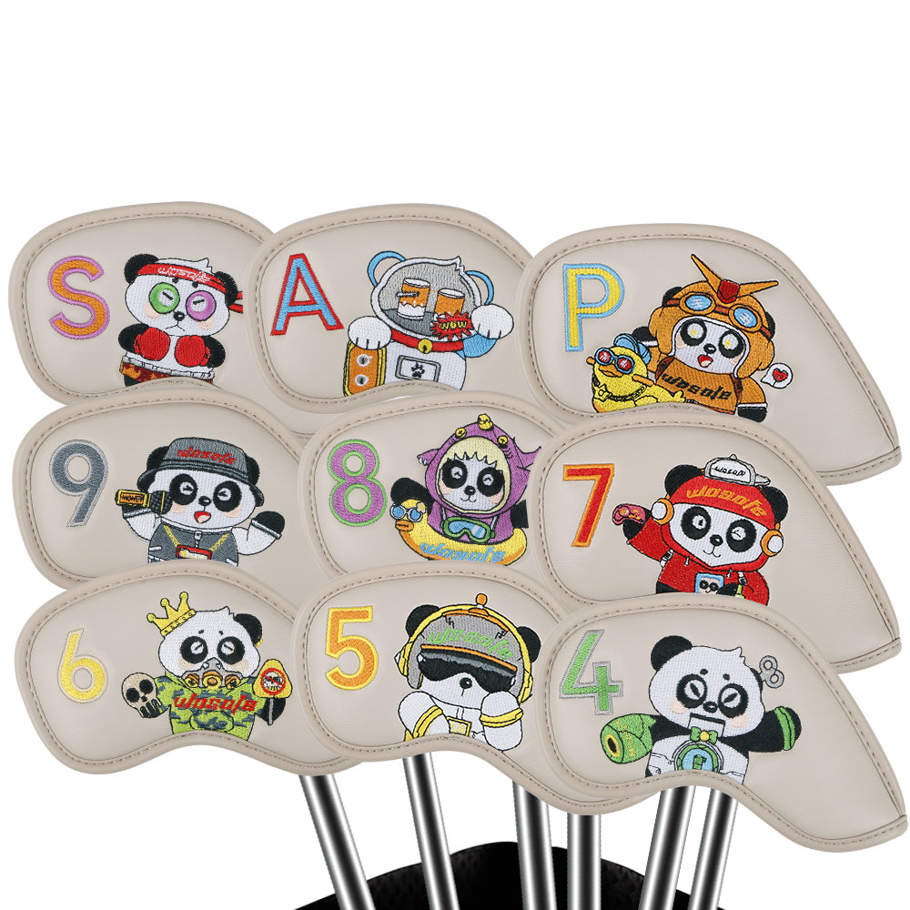 Golf Irons Cover Club Cap Cover Panda Pattern Design High-grade PU Club Headcover Protection Cover