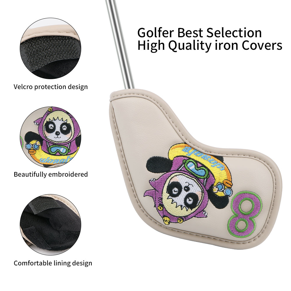 Golf Irons Cover Club Cap Cover Panda Pattern Design High-grade PU Club Headcover Protection Cover