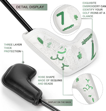 White Golf Iron Covers Club Cap Covers Beaded Embroidered Club Head Protectors Made In China