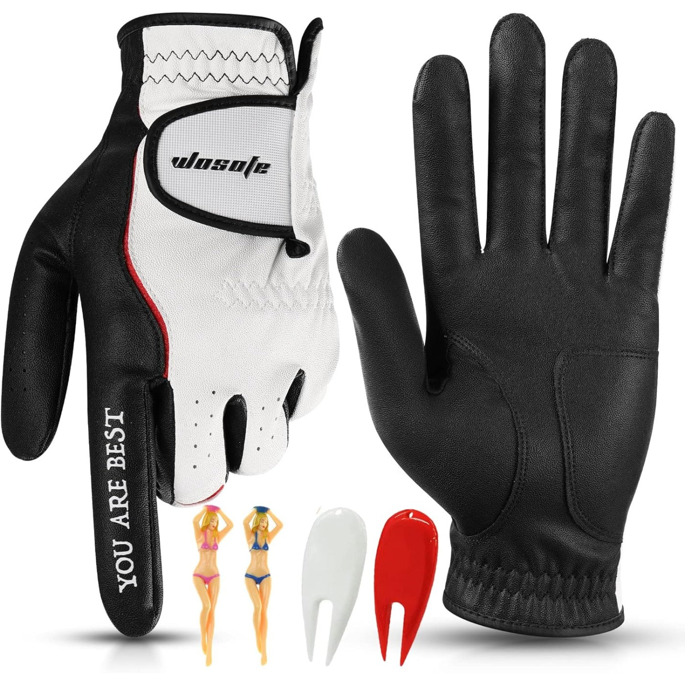 Men’s Golf Glove Left Hand Premium Leather Excellent Grip Super Soft Breathable Durable Fit All Weather With Golf Tee And Divot Repair Tool