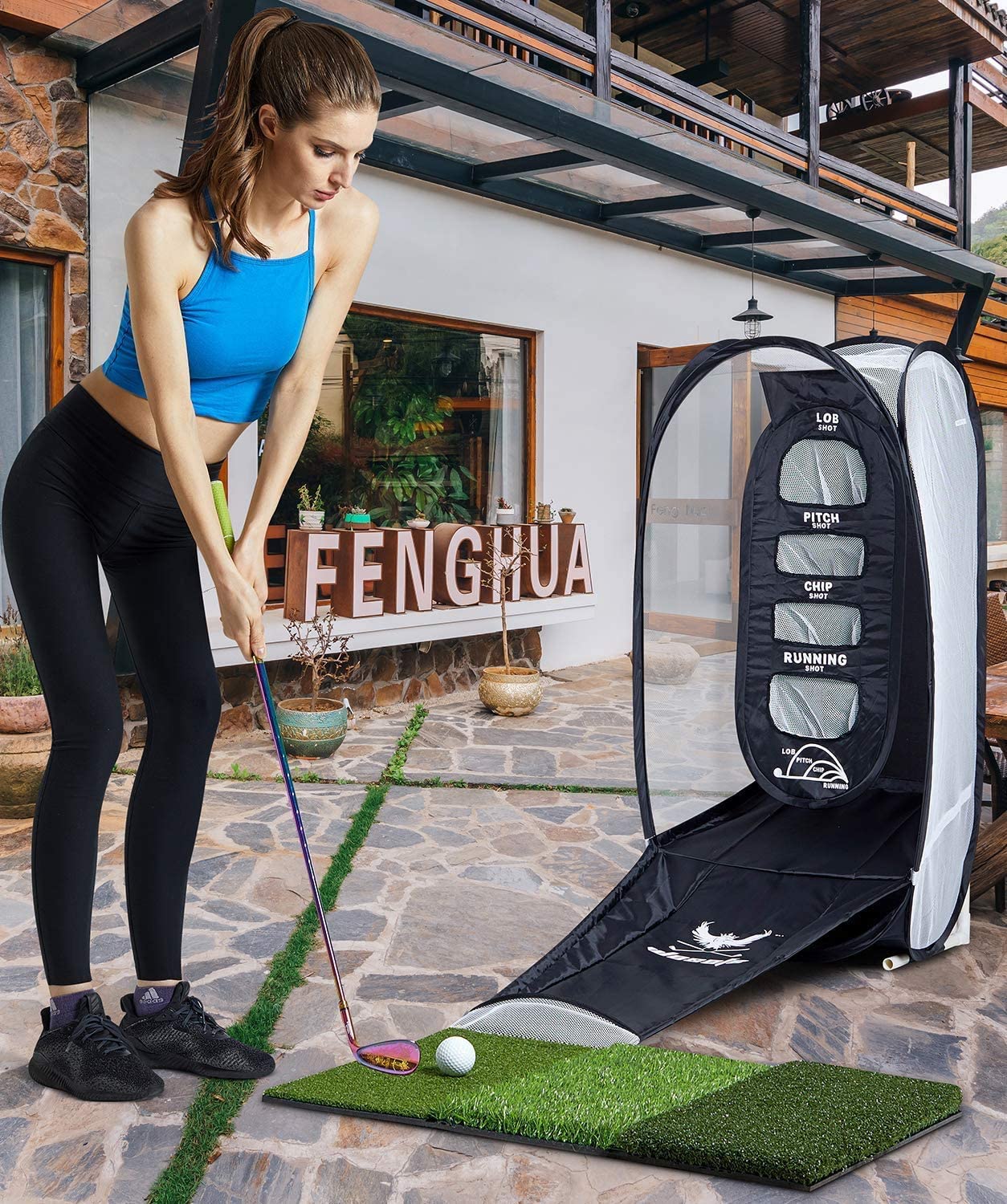 wosofe Golf Practice Hitting Net Indoor Backyard Home Chipping 2 Target and  Ball Swing Training Aids Golfing Accuracy with A Tri-Turf Mat and Carry